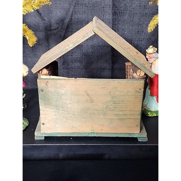 Antique 40s German Putz Chalkware Nativity Set w/ Creche 17pc Composition Palm - Picture 8 of 12